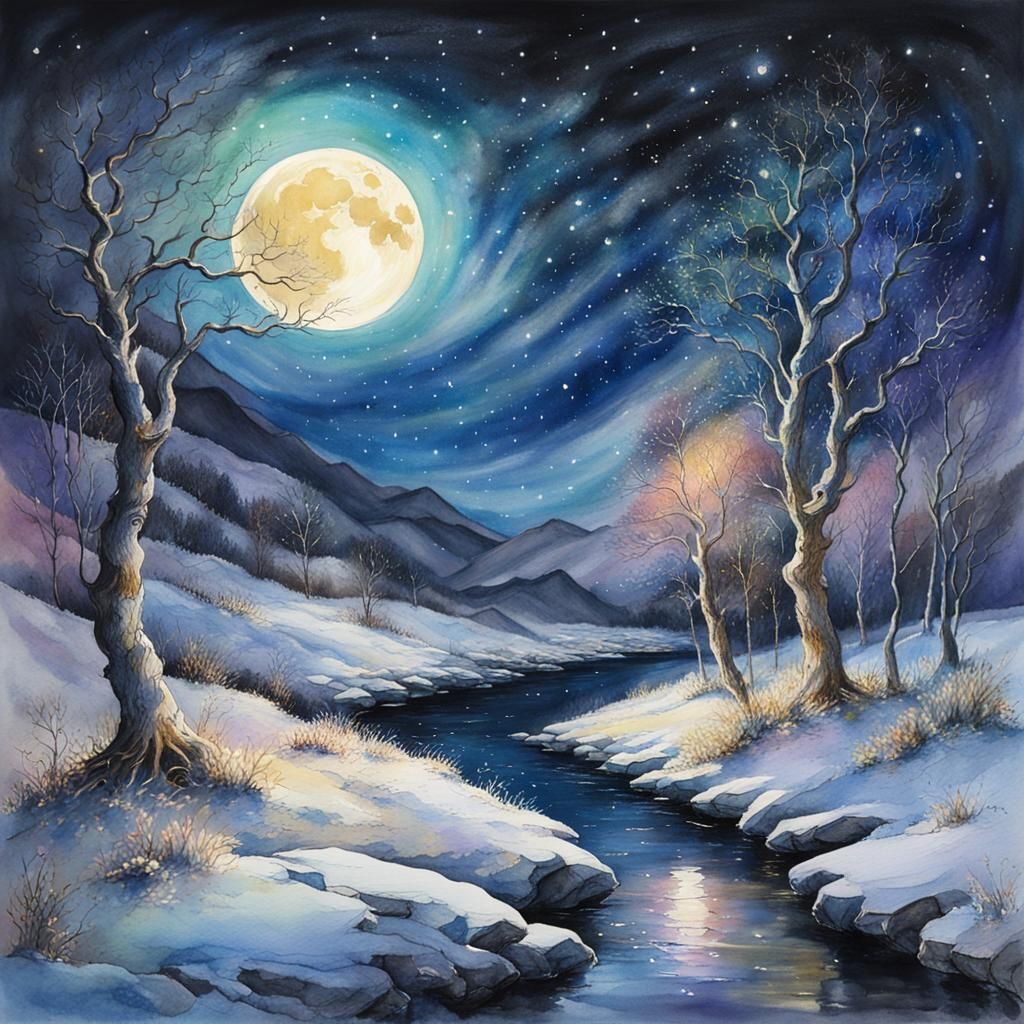 moonlight winter night, sky full of stars, Watercolour by JB, Waterhouse, Josephine Wall, WLOP, chaotic cinematic pastel...