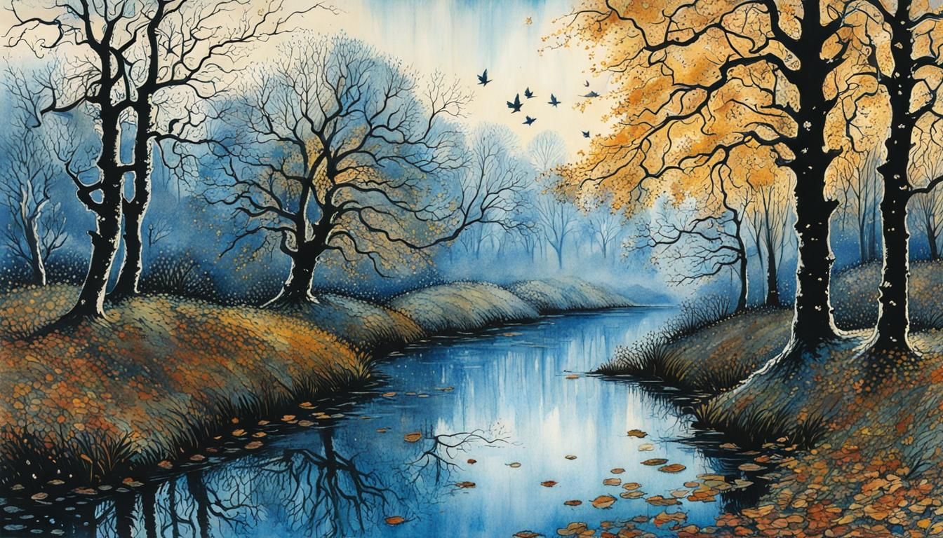 Autumn Leaves Fall in First Frost: Ink Art