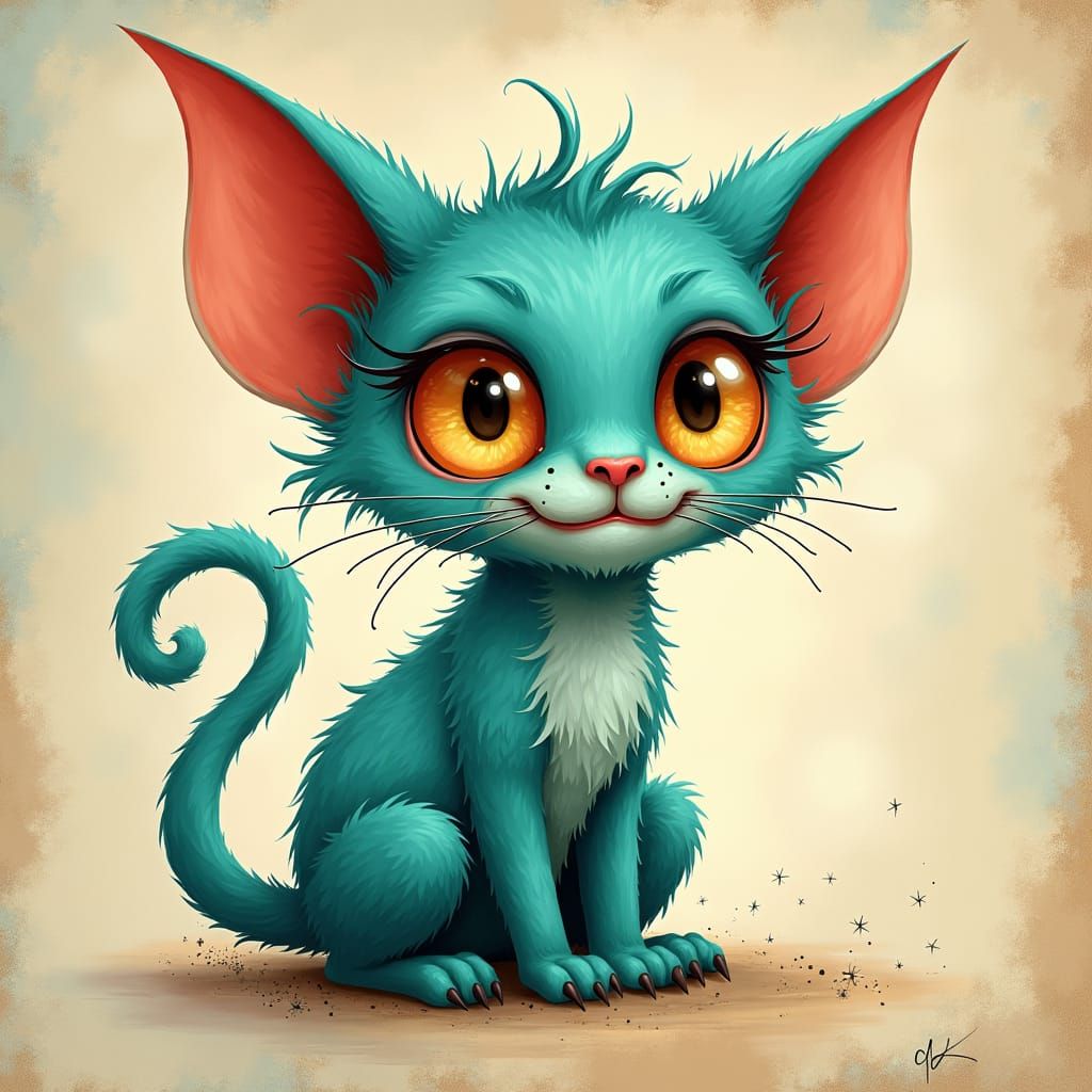 Whimsical Teal Goblincat with Shimmering Sparkles