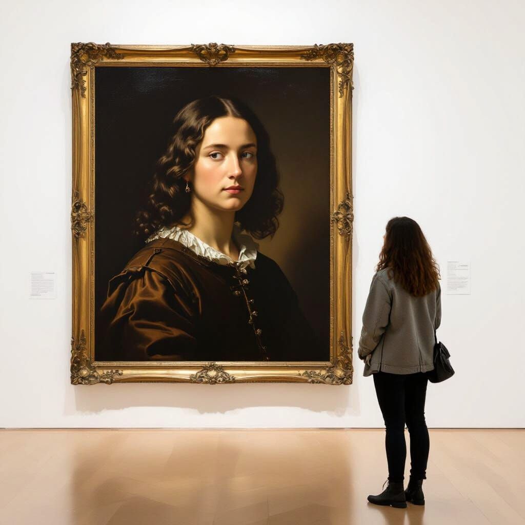 Person Gazes At Hyperrealistic Oil Portrait In Gallery
