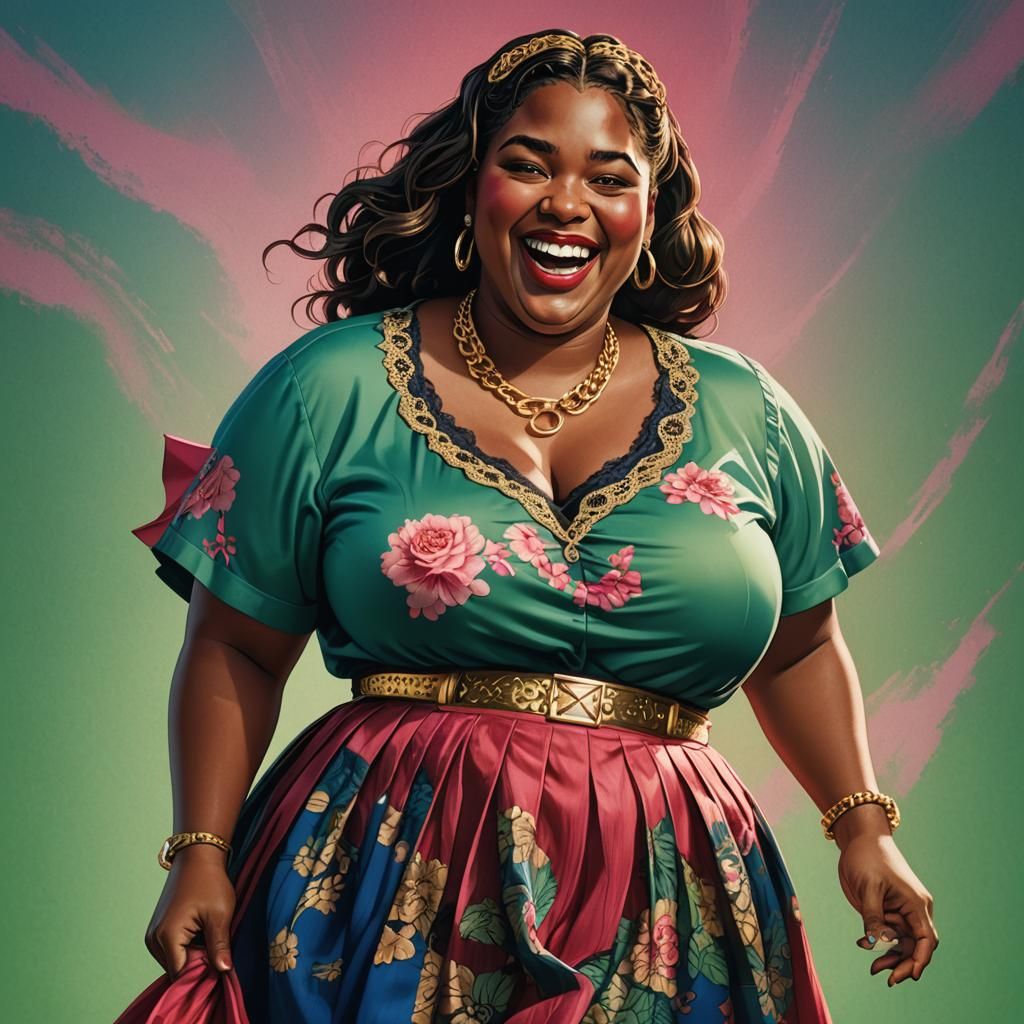 Full-Figured Woman in Red Skirt, Hyper-Realistic Portrait