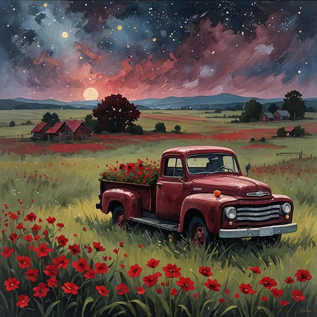 Red Truck in Field of Flowers: Impasto Gouache