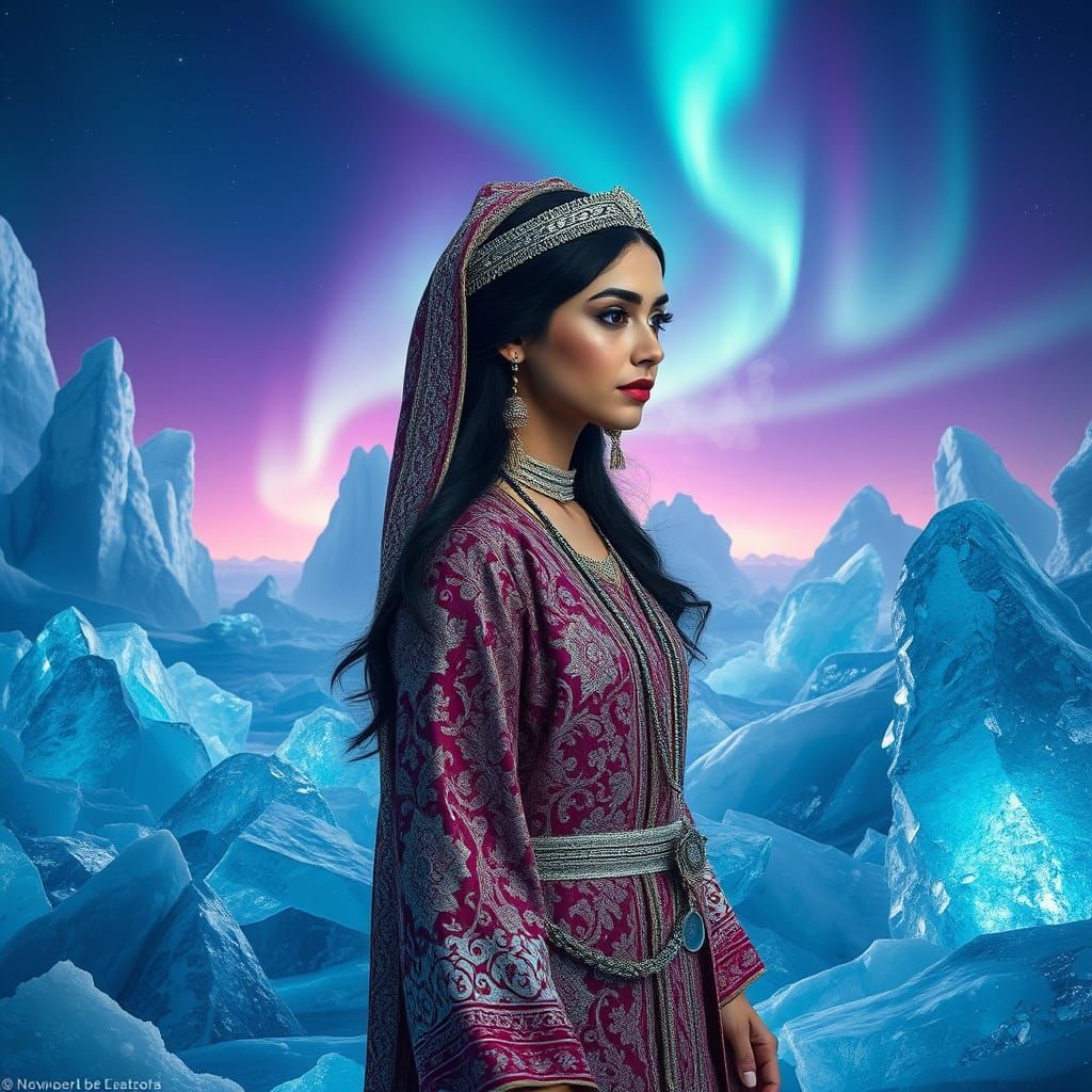 Mystical Ice Queen in Moorish Attire Amidst Glittering Icebe...