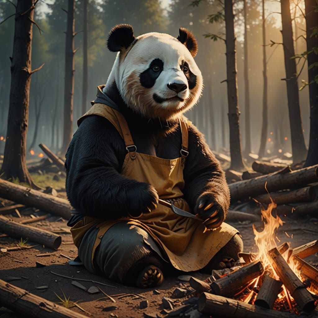 Panda by Forest Fire in 3D Oil Painting Style