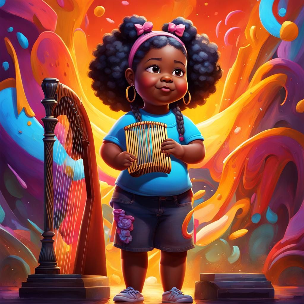 Black Girl Playing Harp as 3D Digital Art