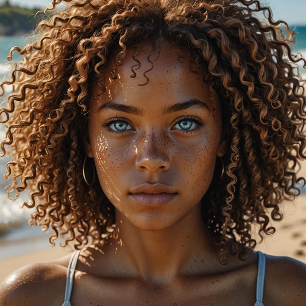 Mulatto Woman on Beach: Hyperrealistic Digital Art