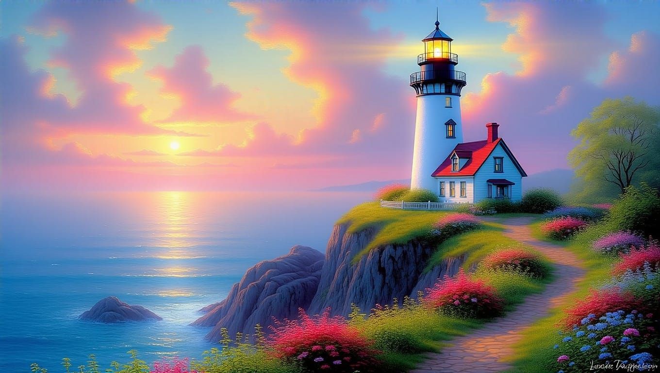 Radiant Lighthouse on Serene Ocean in Dreamy, Ethereal Style