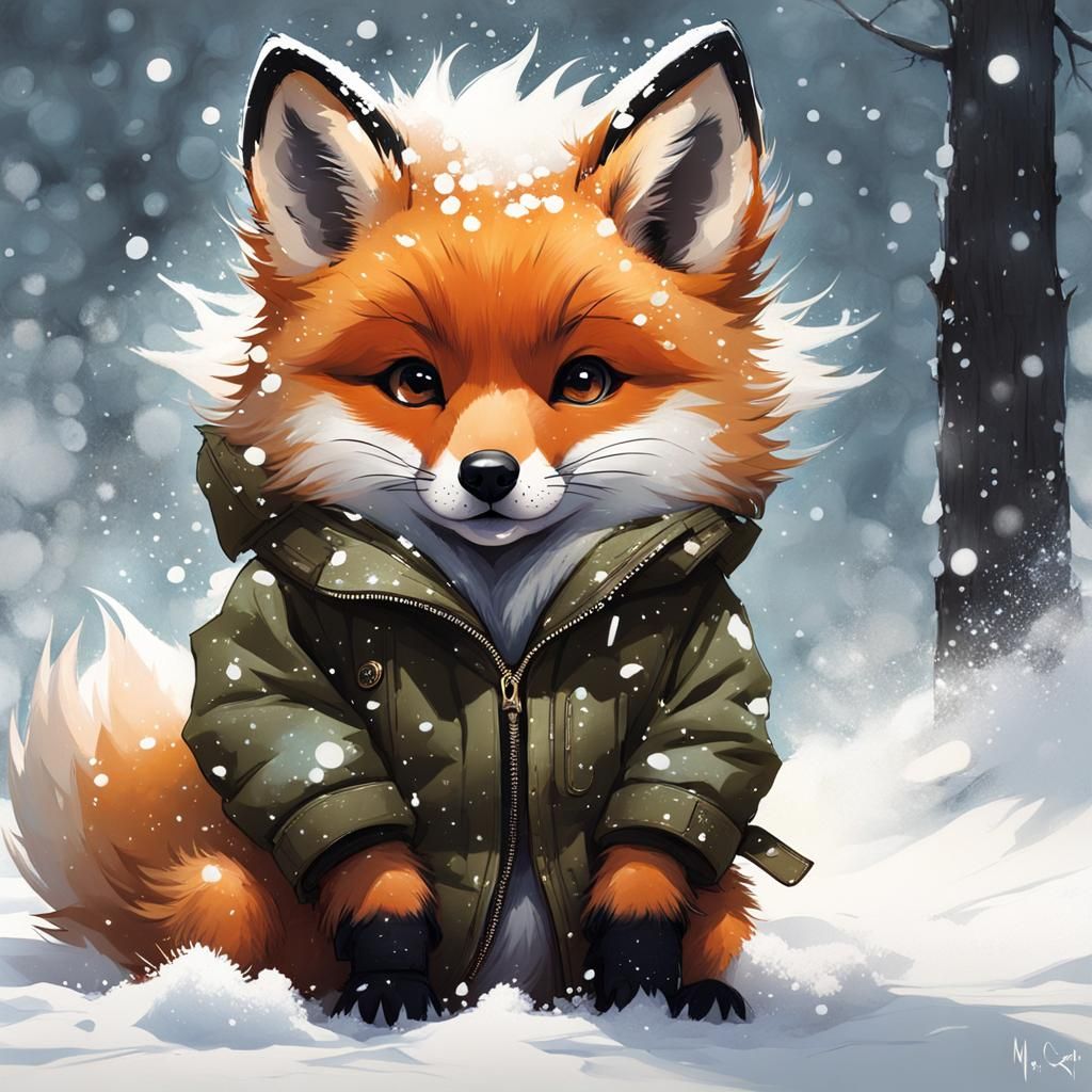 Fluffy Fox Pup in Puffy Jacket, Digital Art