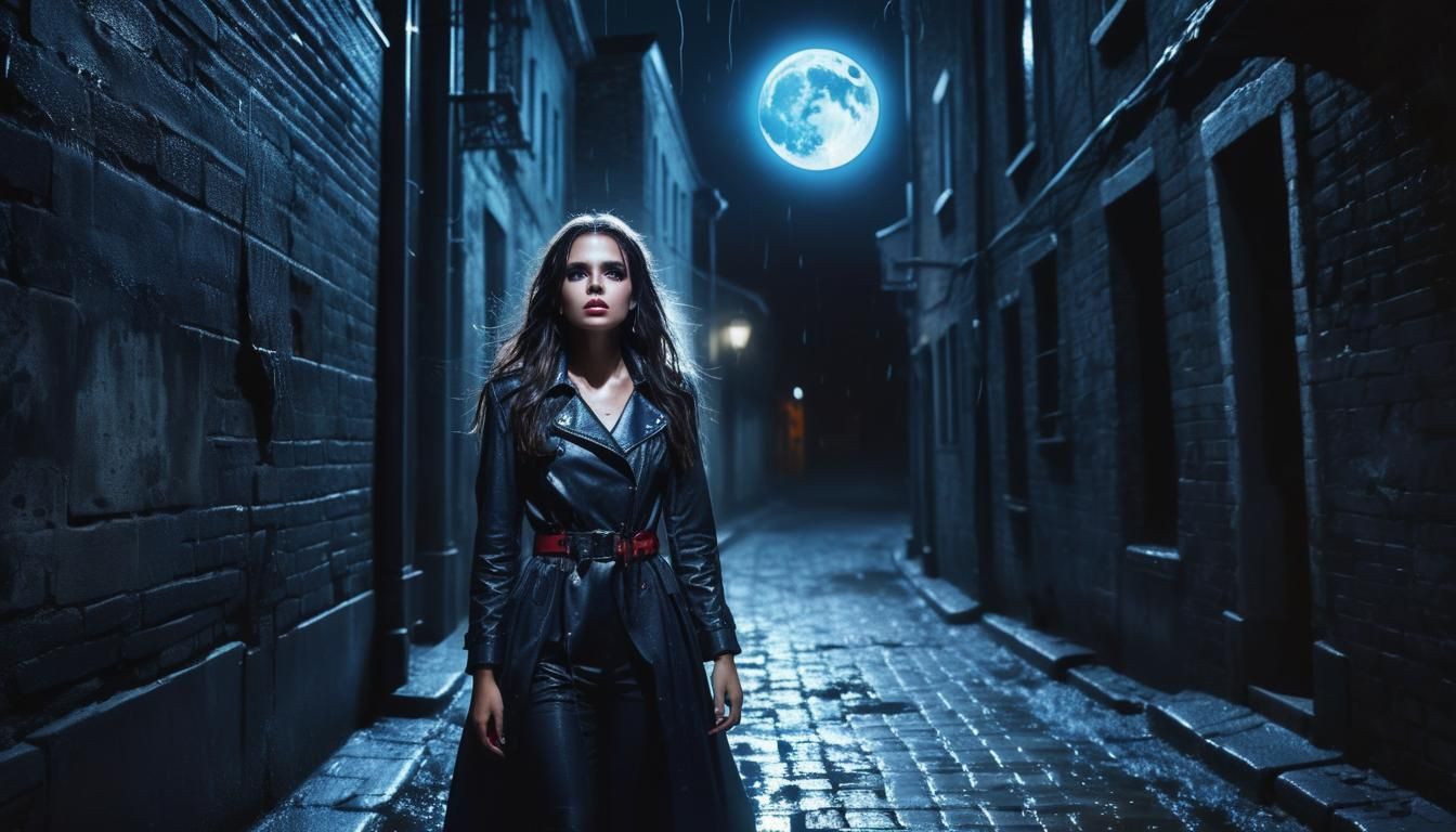 Brunette with Halloween Makeup in Rainy Alleyway