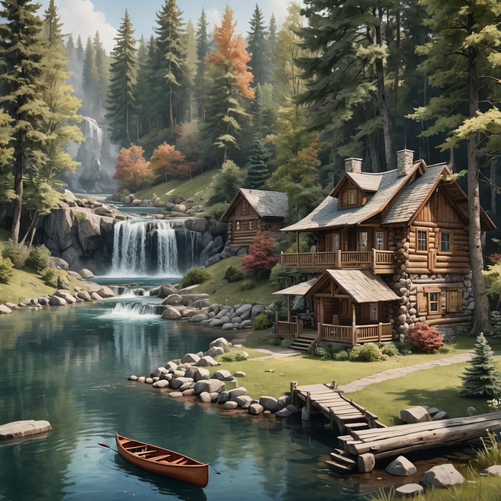 Watercolor Log Cabin at Lake With Waterfall