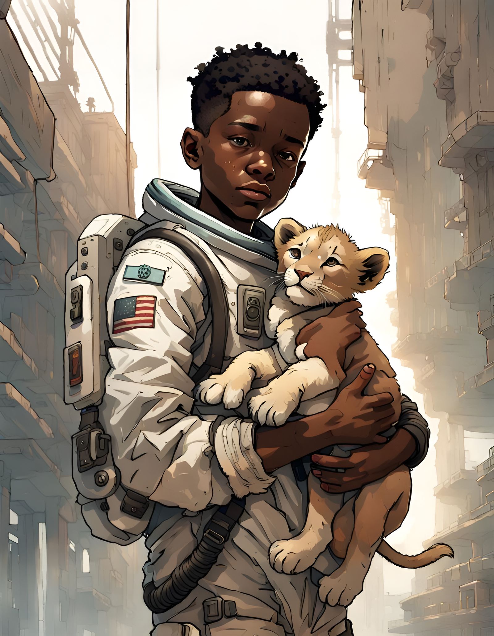 Boy in Spacesuit Holding Lion Cub, Sci-Fi Art