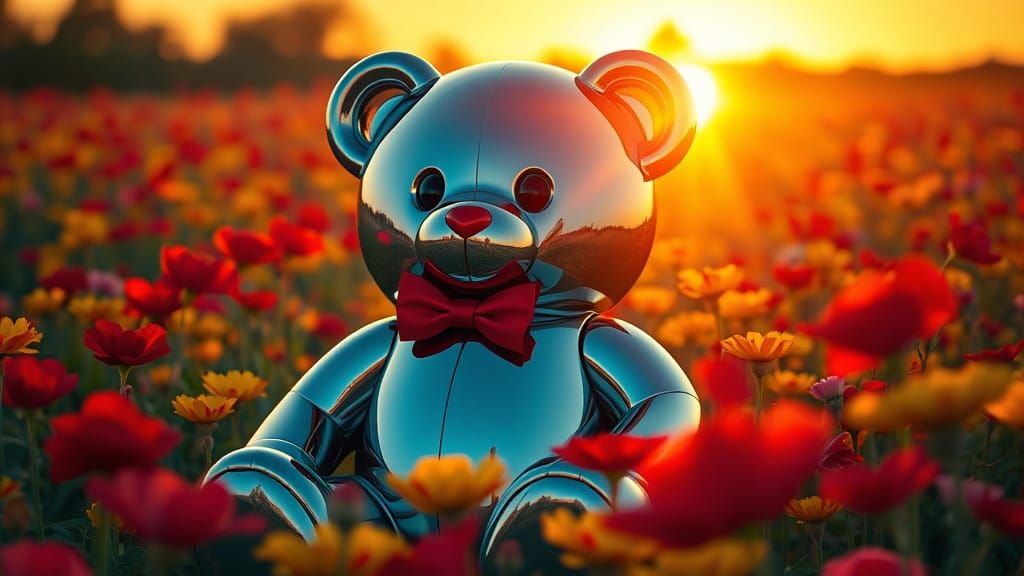 Chrome Teddy Bear in Flower Field at Sunset