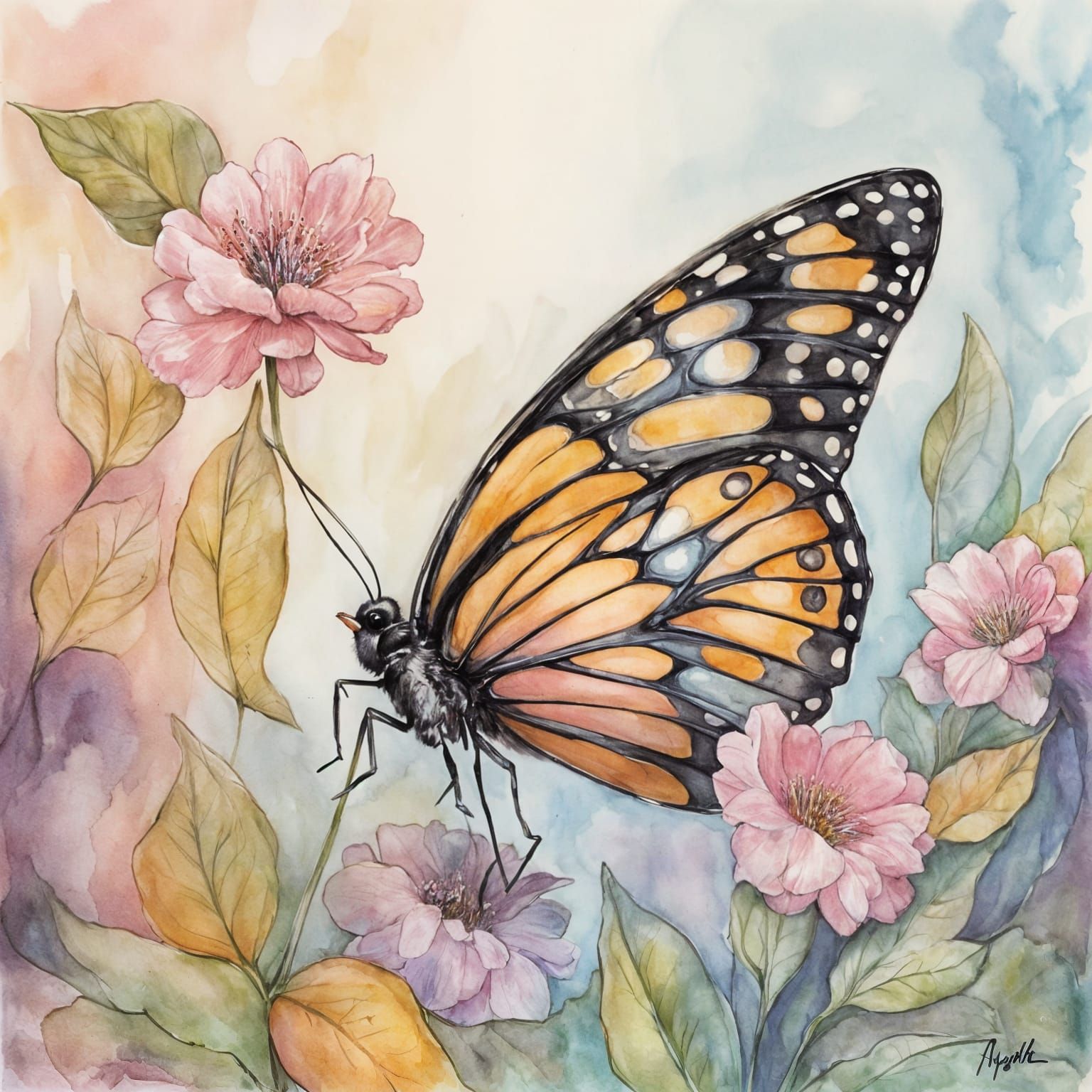 Shy Butterfly Illustration in Watercolor Style