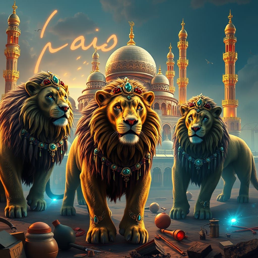 Furry Lions Build Majestic Mosque in Vibrant, Dreamlike Scen...