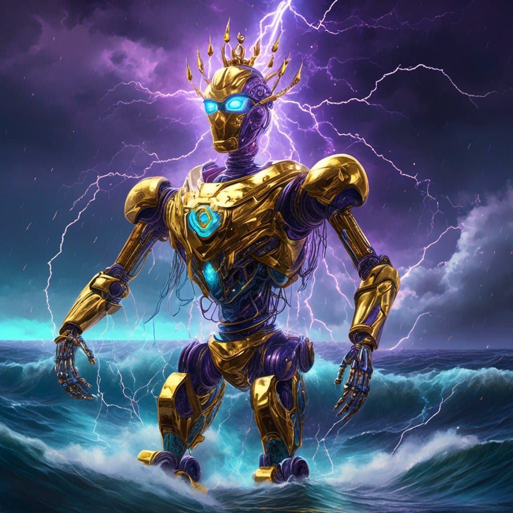 Golden Robot King in Stormy Sea: Hyperreal Image