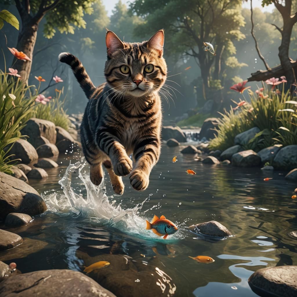 Cat Catching Fish: 3D Game Cinematic Graphics