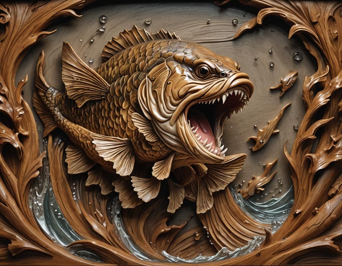 Wood Carved Bass Leaping: Chiaroscuro Masterpiece