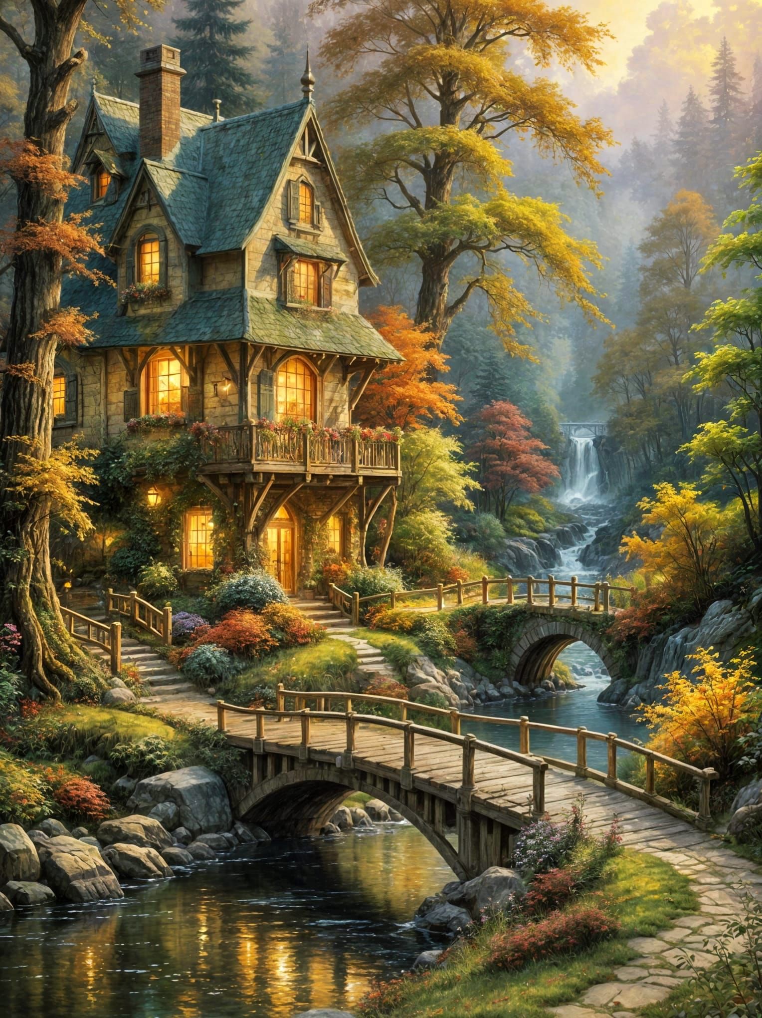 Ethereal Autumn Cottage Scene in Stylized Watercolor