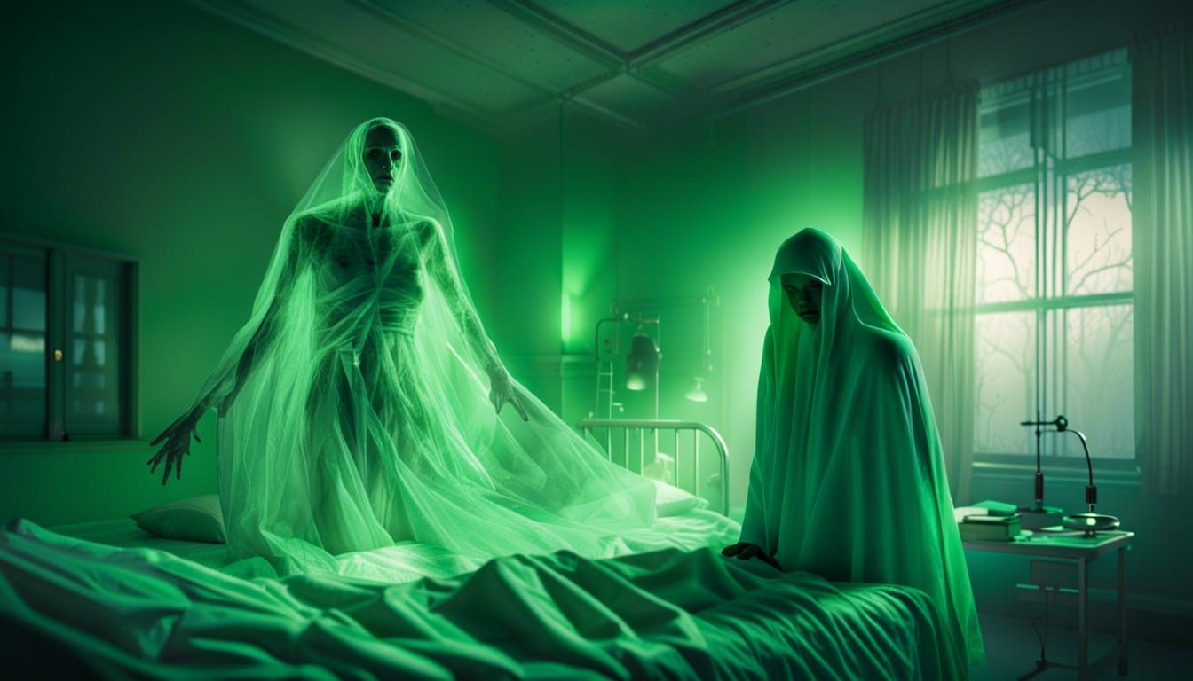 transparent ghost in old hospital hovering over dying patien...