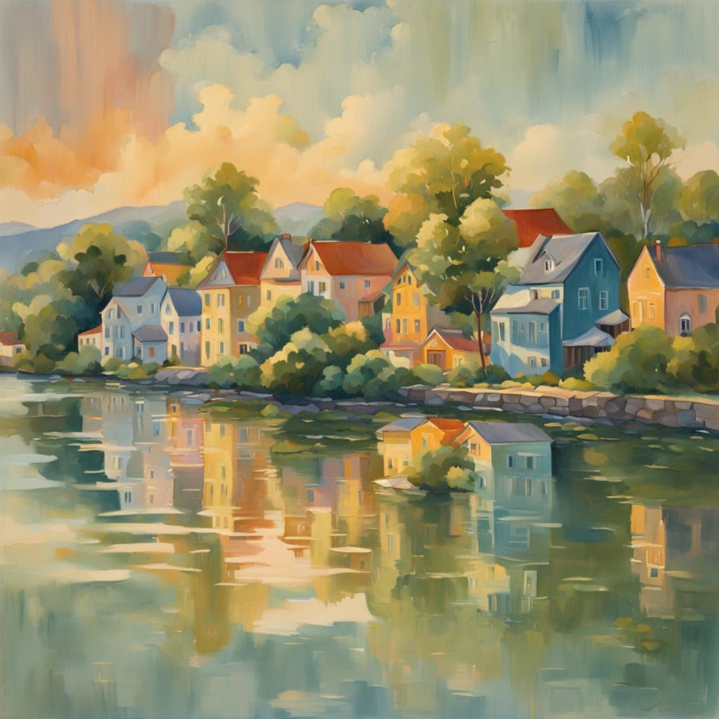 Colorful Houses by River in Golden Light