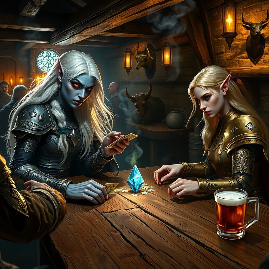 Majestic Dark Elf Warrior Plays Cards in Medieval Fantasy Ta...