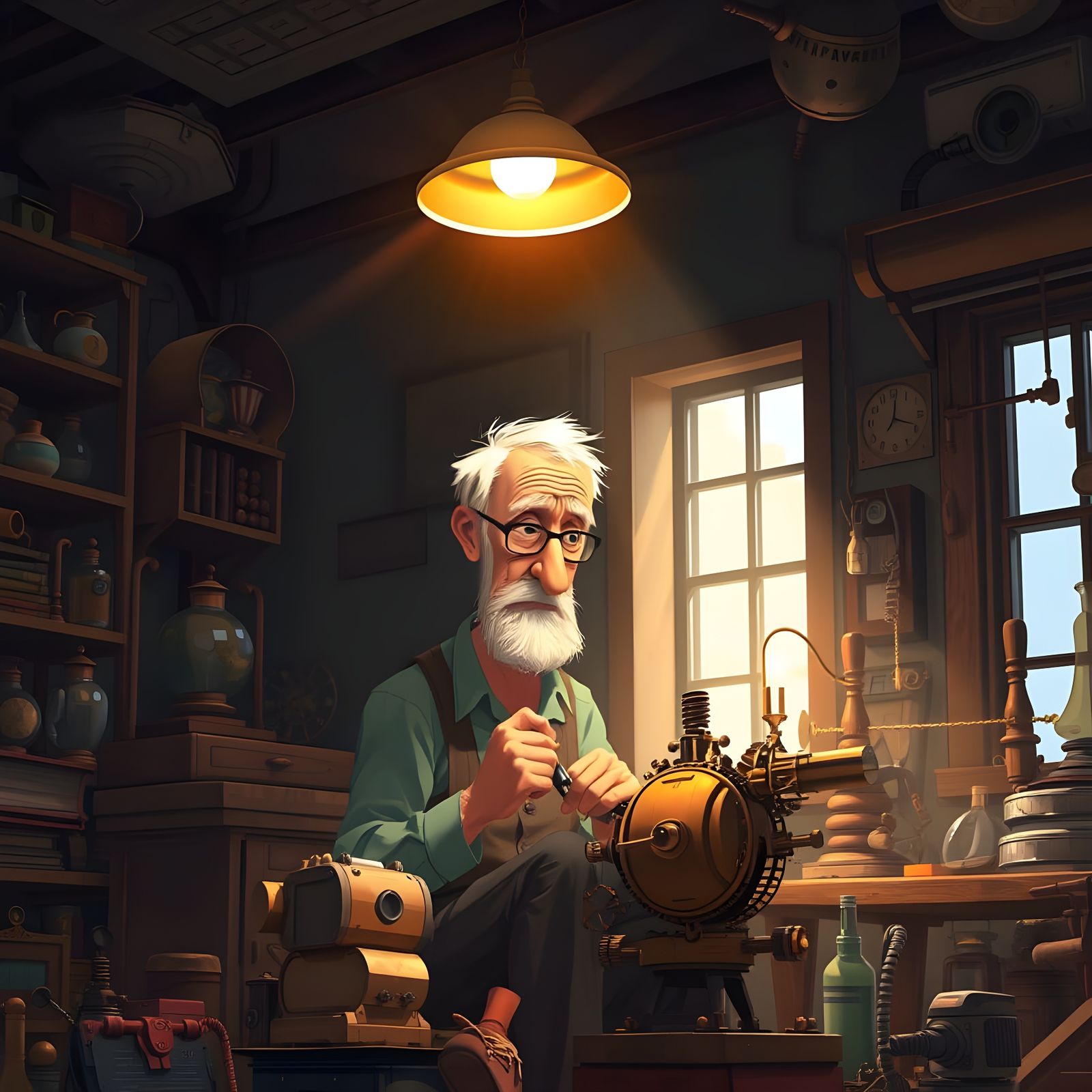 Whimsical Inventor's Workshop in Pixar Style