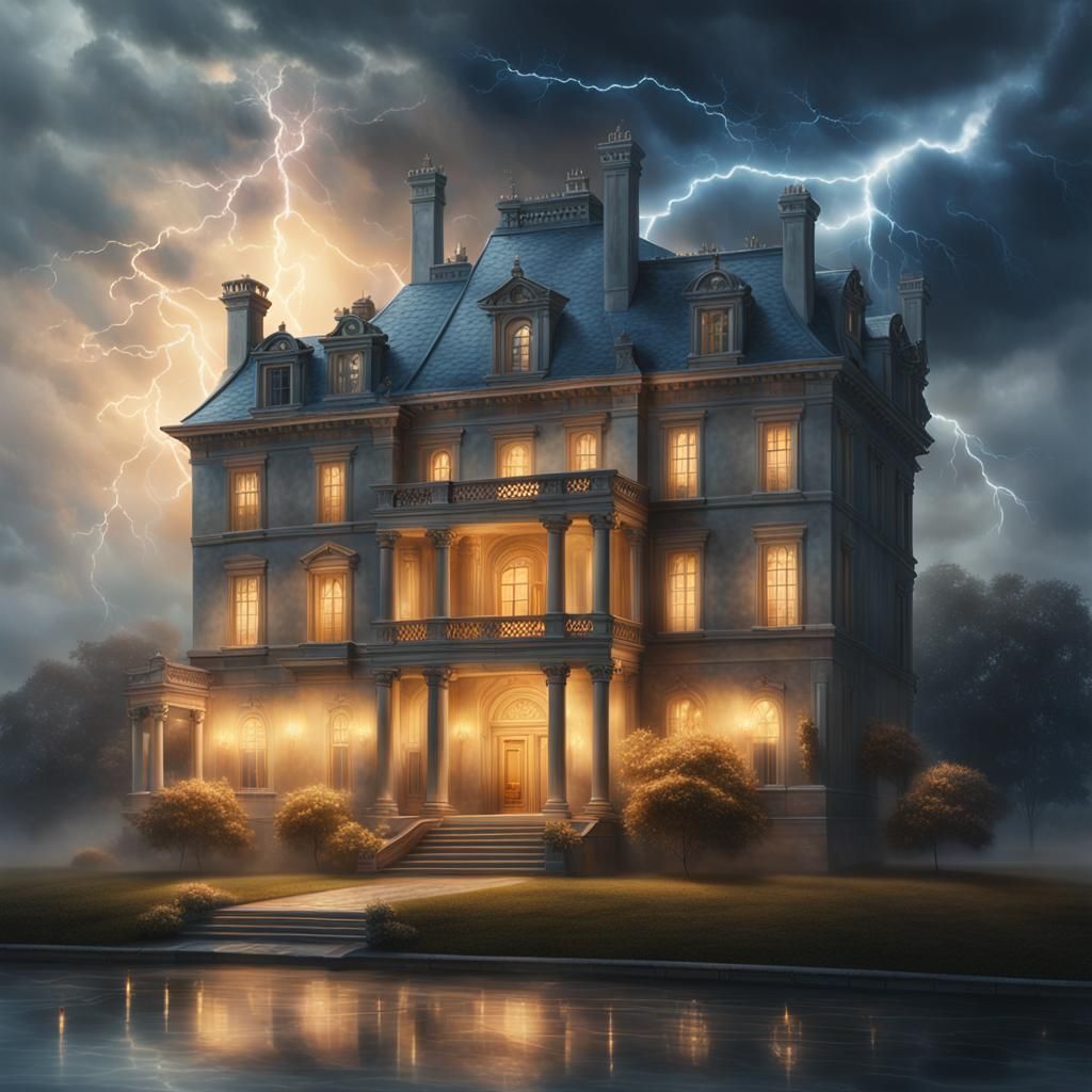 Gloomy Mansion Amidst Storm in Hyper-Realistic Style