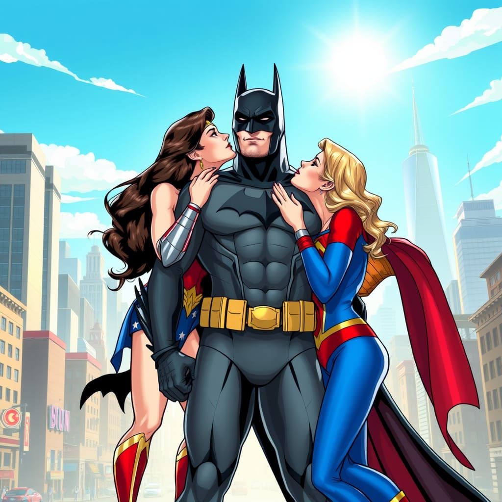 Batman Receives Tender Kisses from Wonder Woman and Supergir...