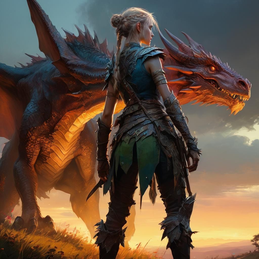 Elf Warrior and Dragon at Sunset: Detailed Fine Art