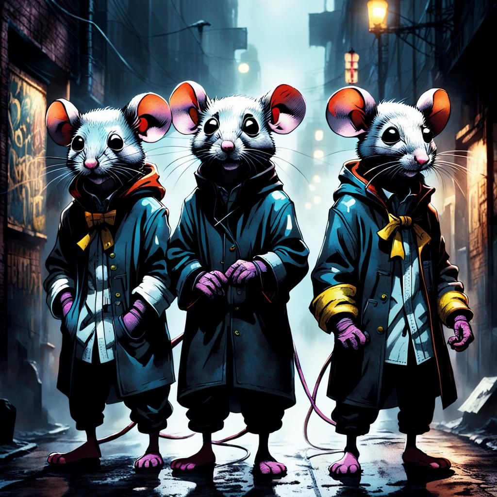 Three Blind Mice in Urban Alleyway, Comic Book Art