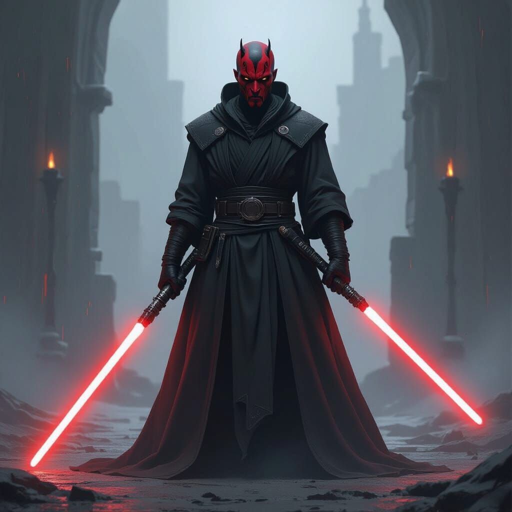 Menacing Zabrak Sith Lord with Double Lightsaber