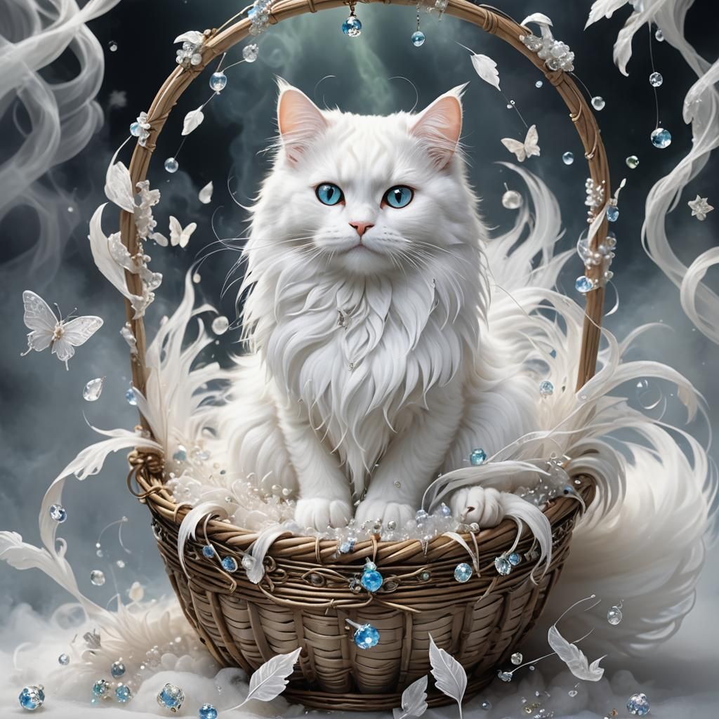 Ethereal White Fairy Cat in Jeweled Basket