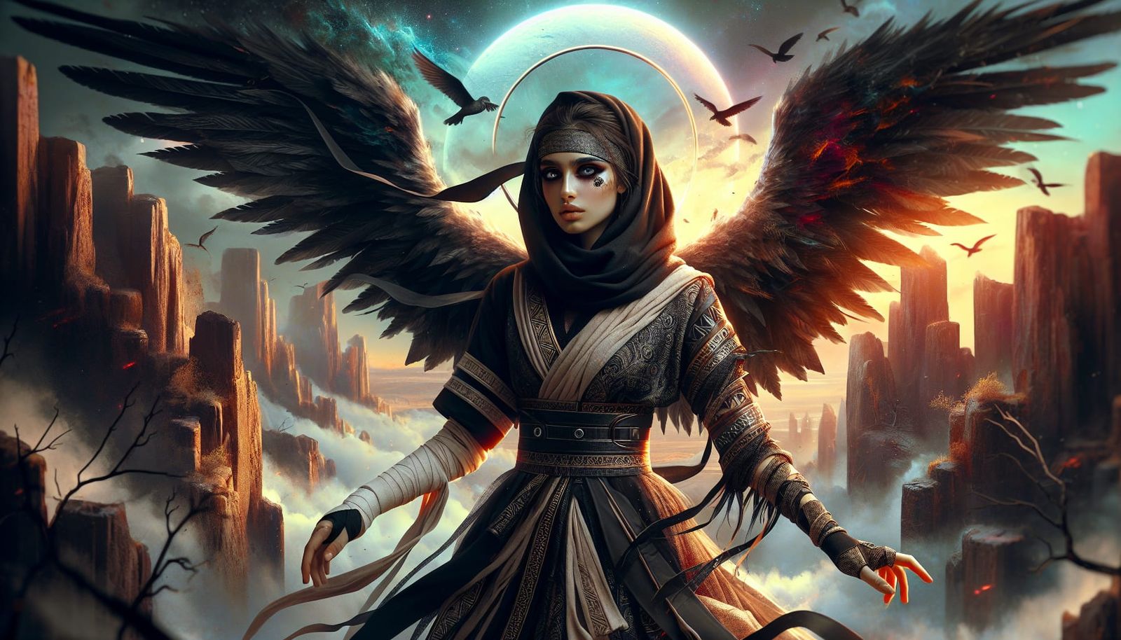 Fallen Angel on Apocalyptic Peak in Art Nouveau Style