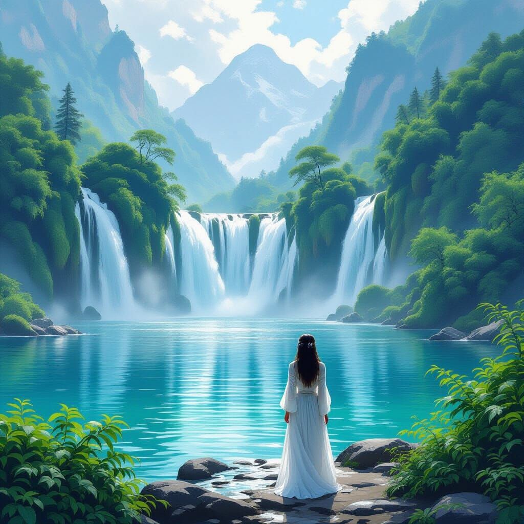 Woman at Pearl Shoal Waterfall in Bierstadt Style