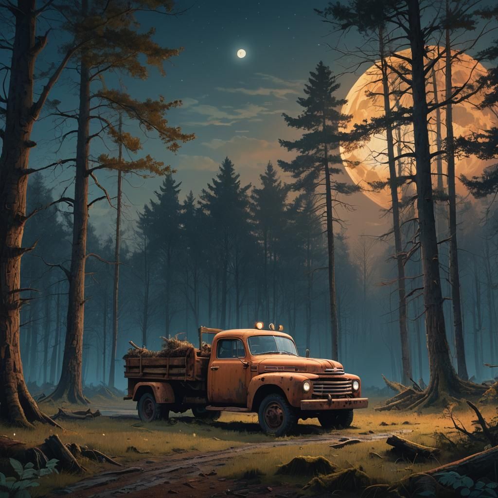 Mystical Forest Clearing with Rusty Truck