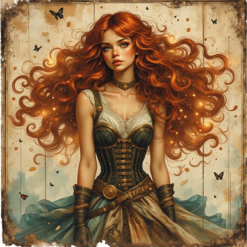 Steampunk Woman with Glowing Copper Curls and Sparks