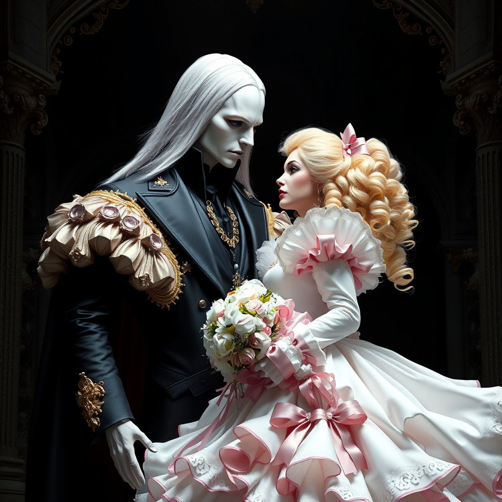 Gothic Phantom Towers over Frilly Bride in Regal Black Suit