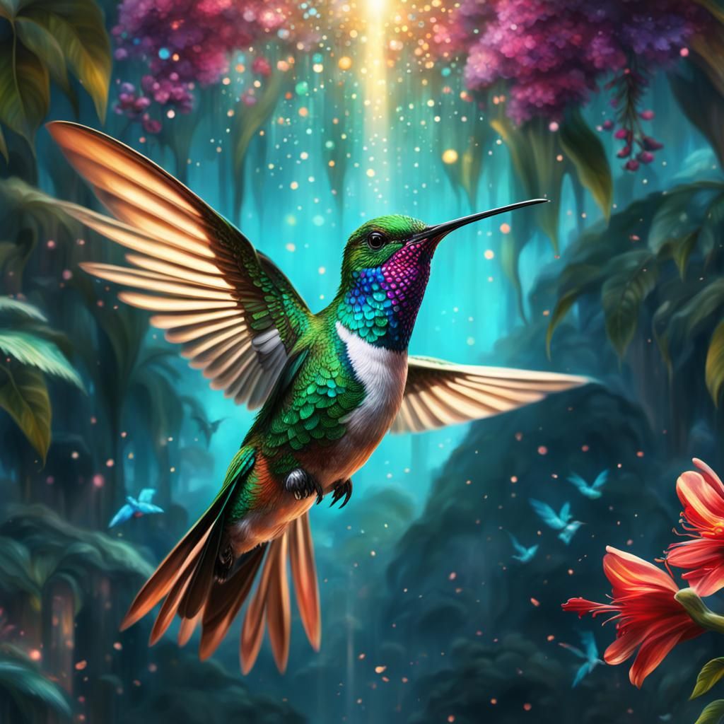 Glittery Hummingbird in a Dramatic Fantasy Painting