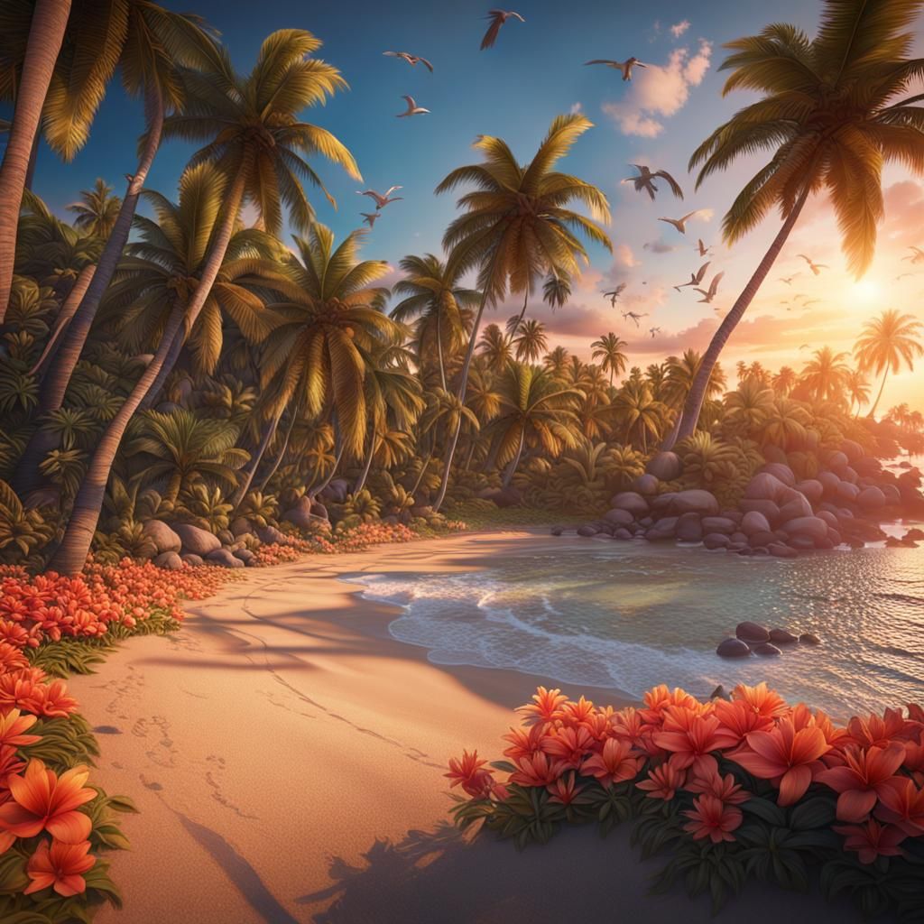Tropical Beach Sunset in Detailed Matte Painting