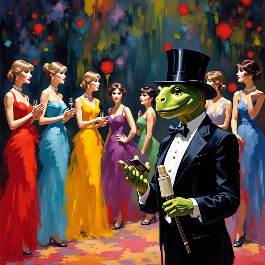 <lora:Abstract 66:1.0> singing turtle to the female turtles on stage