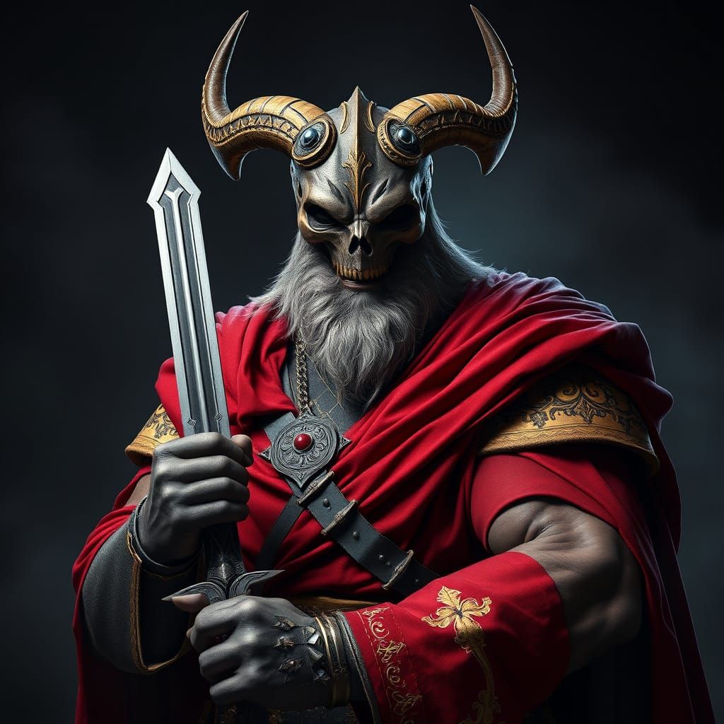 Medieval King in Dark, Ornate Armor with Majestic Sword