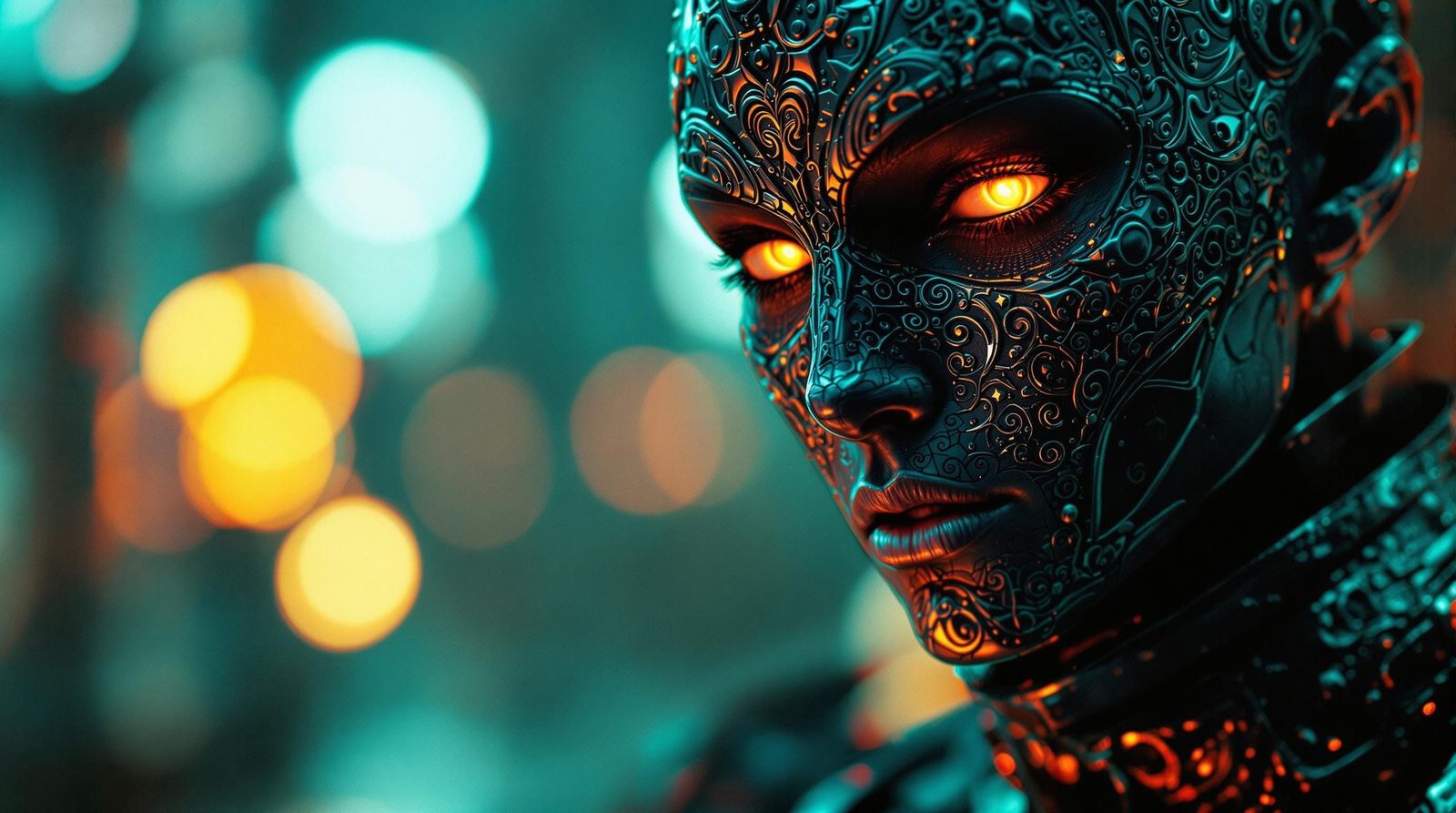 Mysterious Figure with Glowing Eyes in Cyberpunk Realism