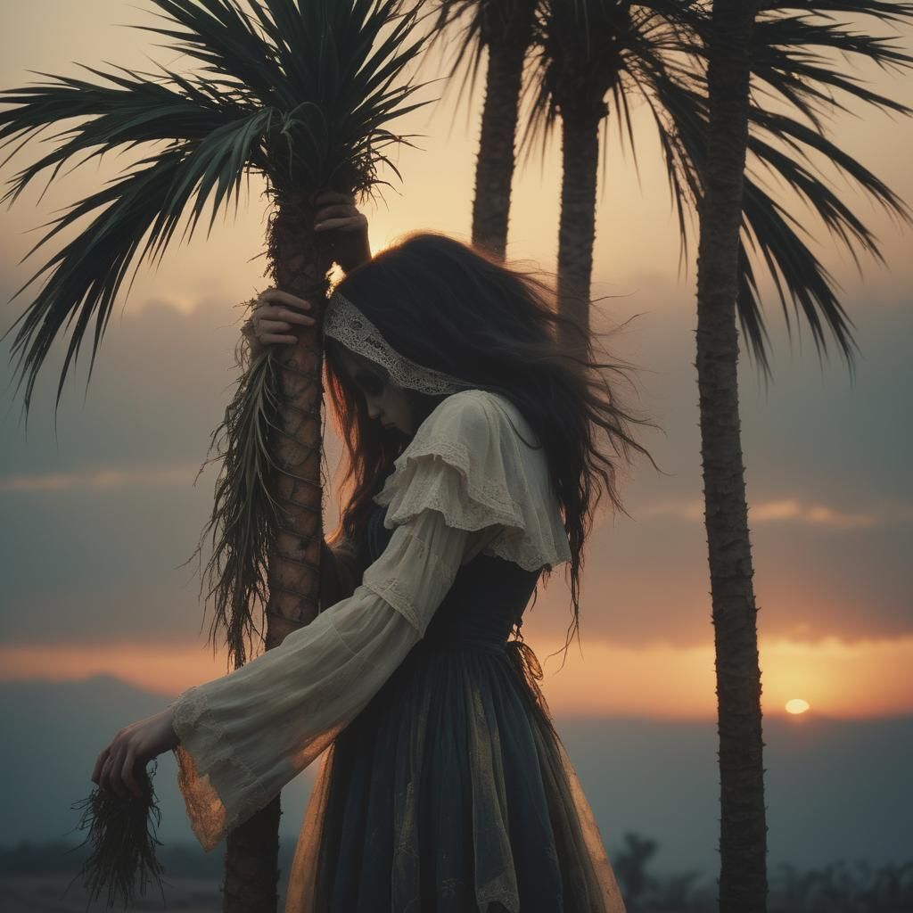 Eerie Faceless Witch Hugging Palm Tree at Sunset