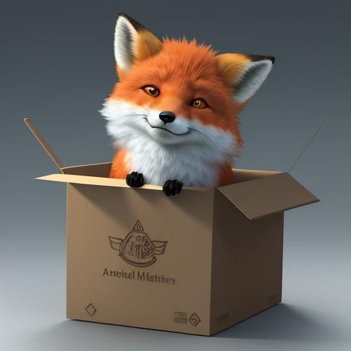 Fox Peeking From Cardboard Box in Pixar Style