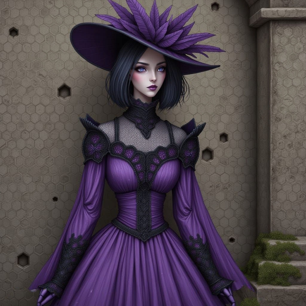 A pale faced woman in violet and black outfit