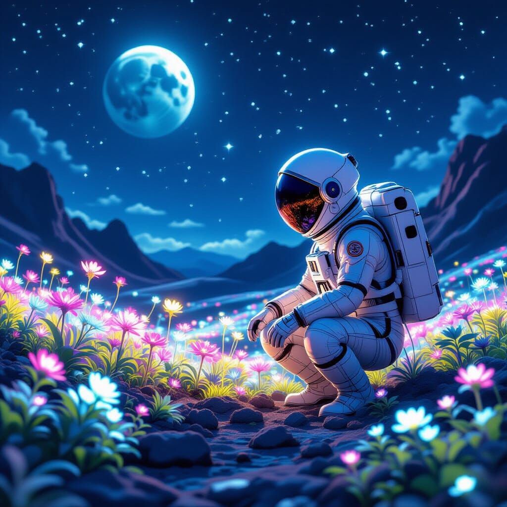 Astronaut Tends Alien Garden on Moon, Earth Above