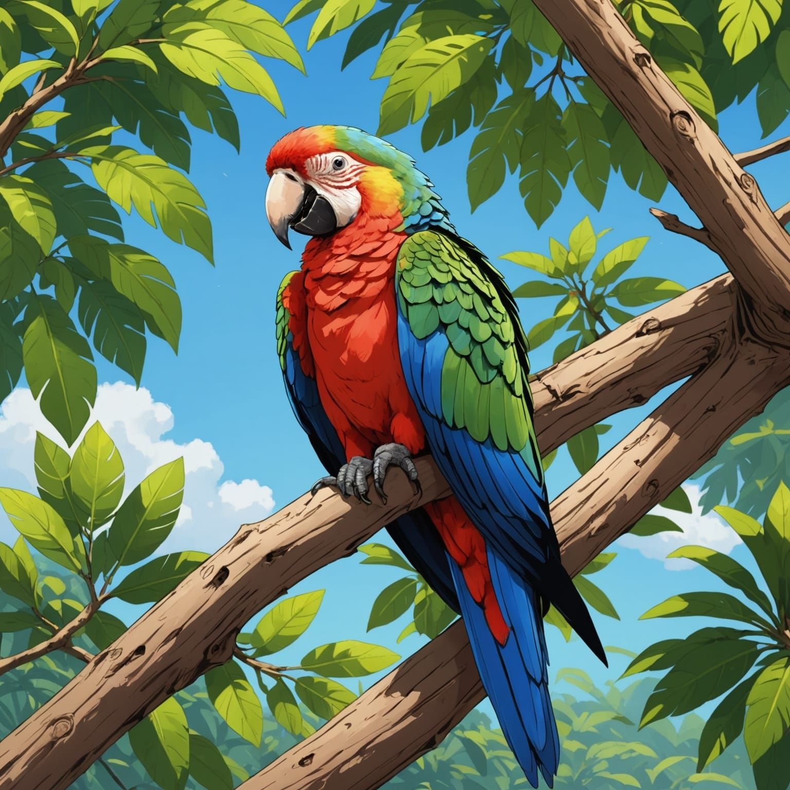 Parrot Sleeping in Tree, Anime Key Visual Style