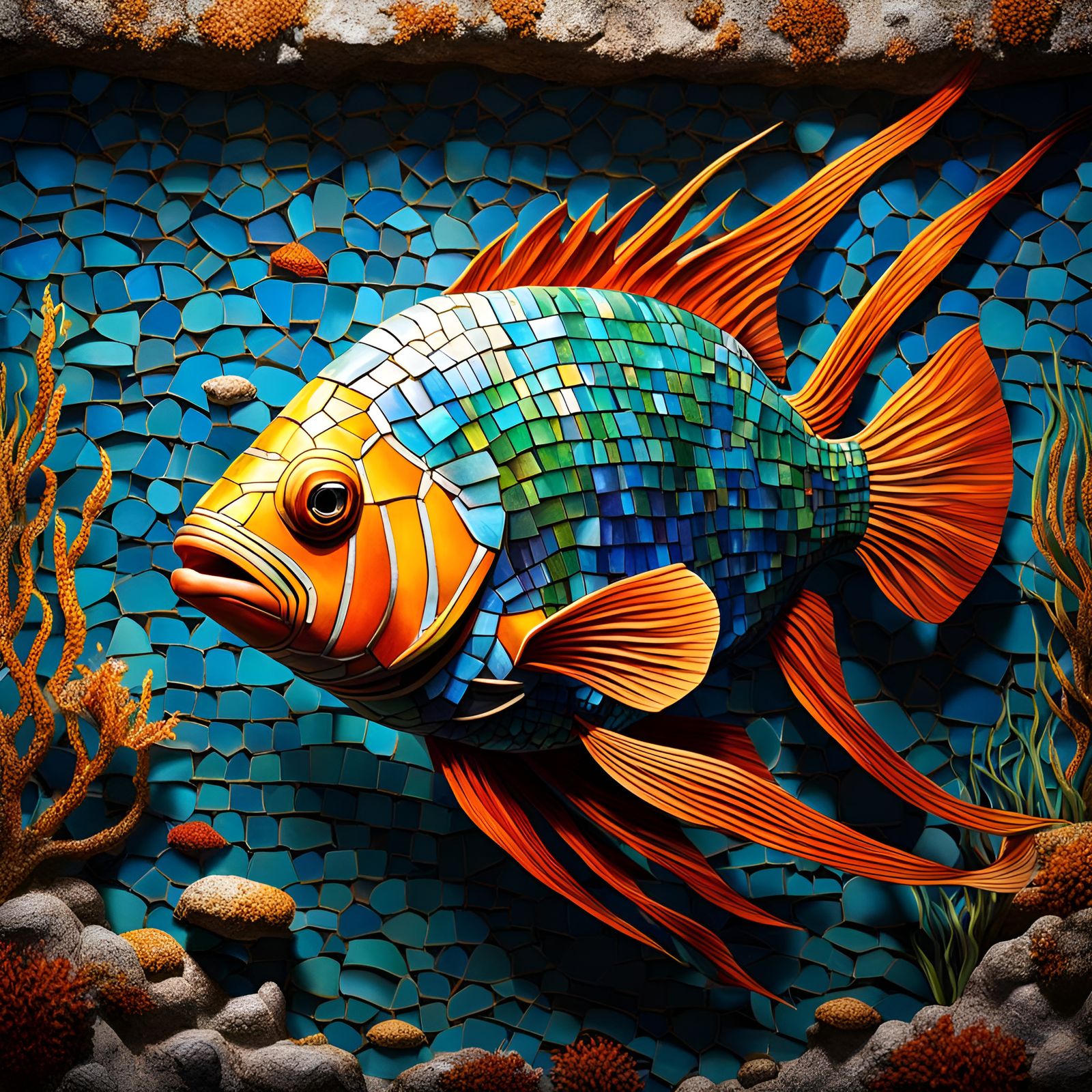 Underwater Mosaic Fish on Ancient Wall
