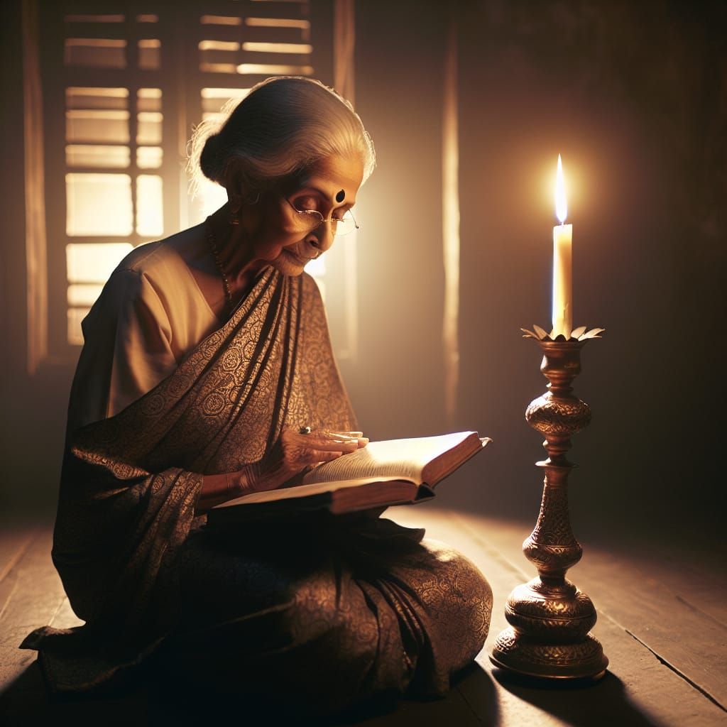 Serene Elderly Woman Reading by Candlelight