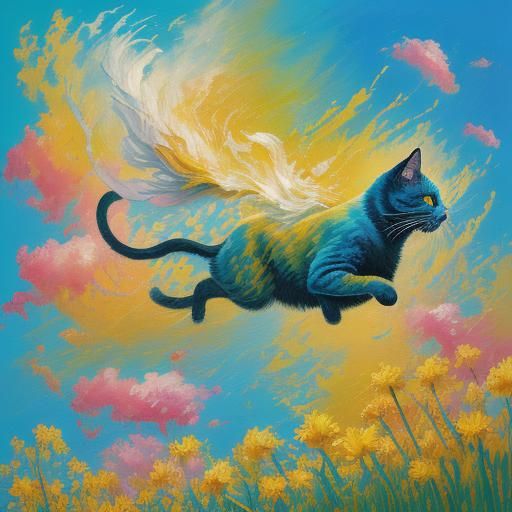 Flying Cat in Sunny Sky: Neo-Impressionist Oil Painting